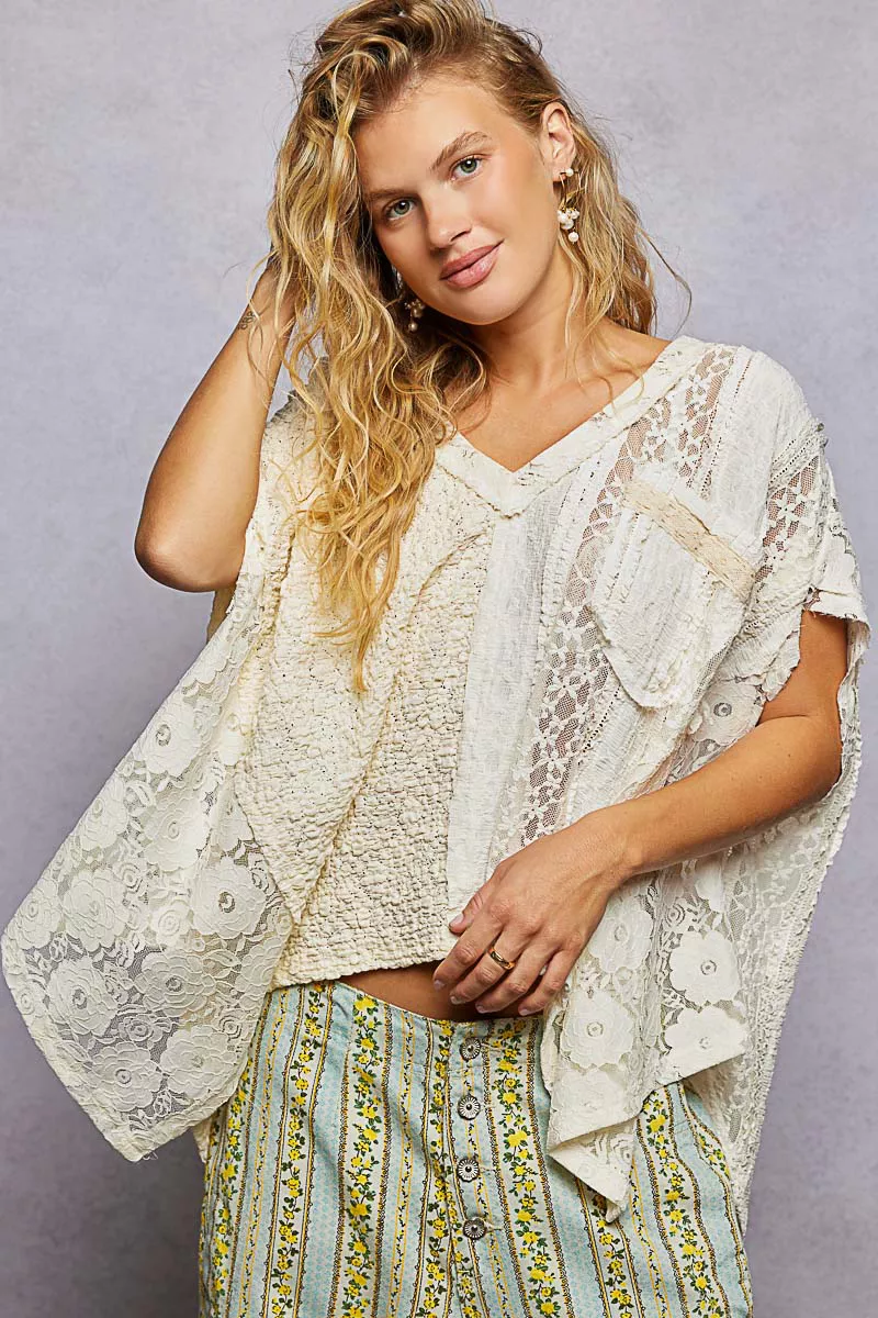 POL Asymmetrical V-Neck Short Sleeve Lace Top - Image 2