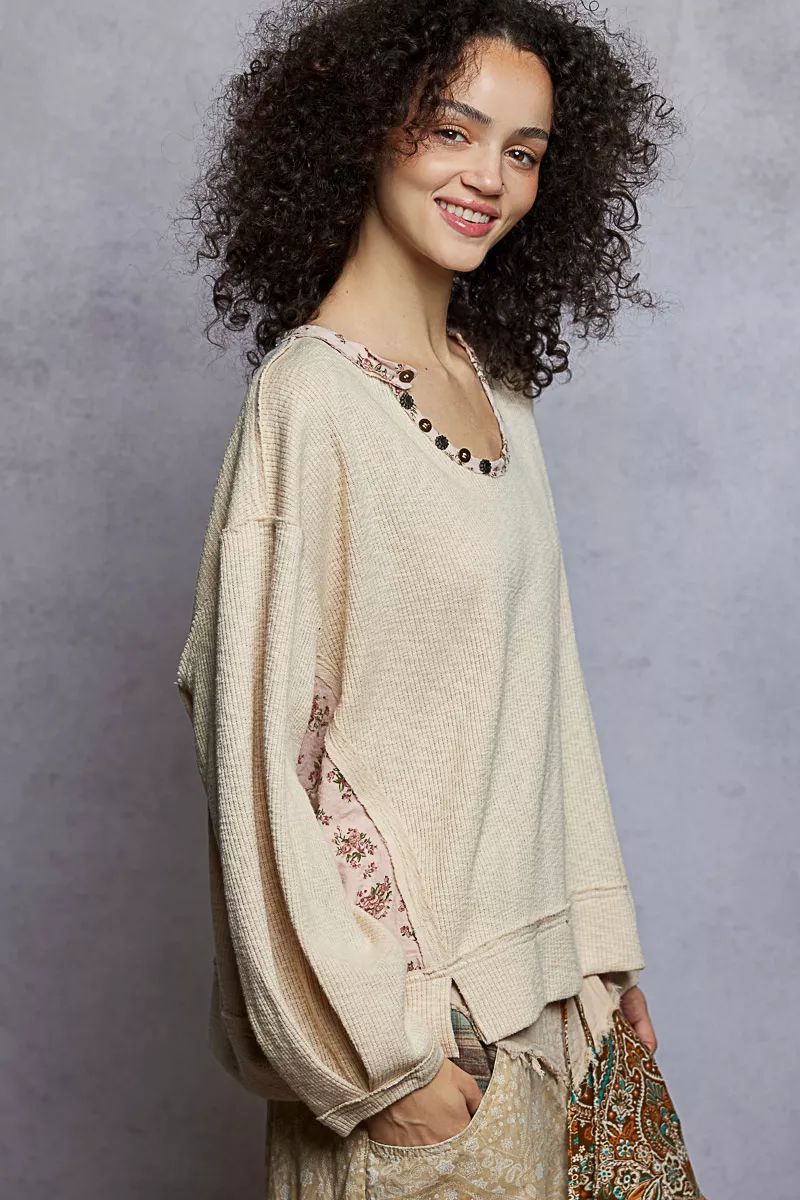 POL Balloon Sleeve Oversized Ribbed Top with Floral Pattern Contrast - Image 3