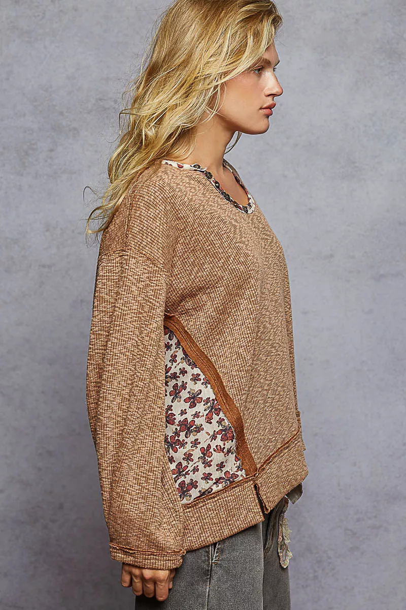 POL Balloon Sleeve Oversized Ribbed Top with Floral Pattern Contrast - Image 3