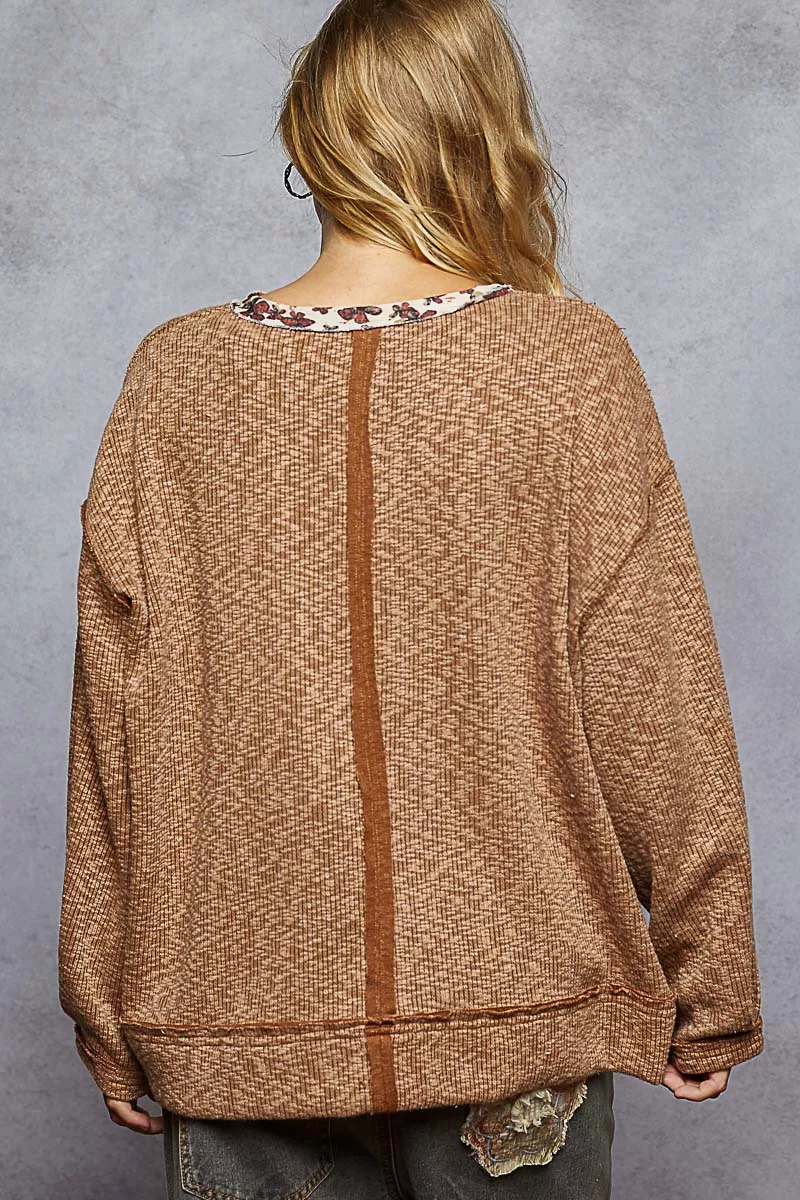 POL Balloon Sleeve Oversized Ribbed Top with Floral Pattern Contrast - Image 4