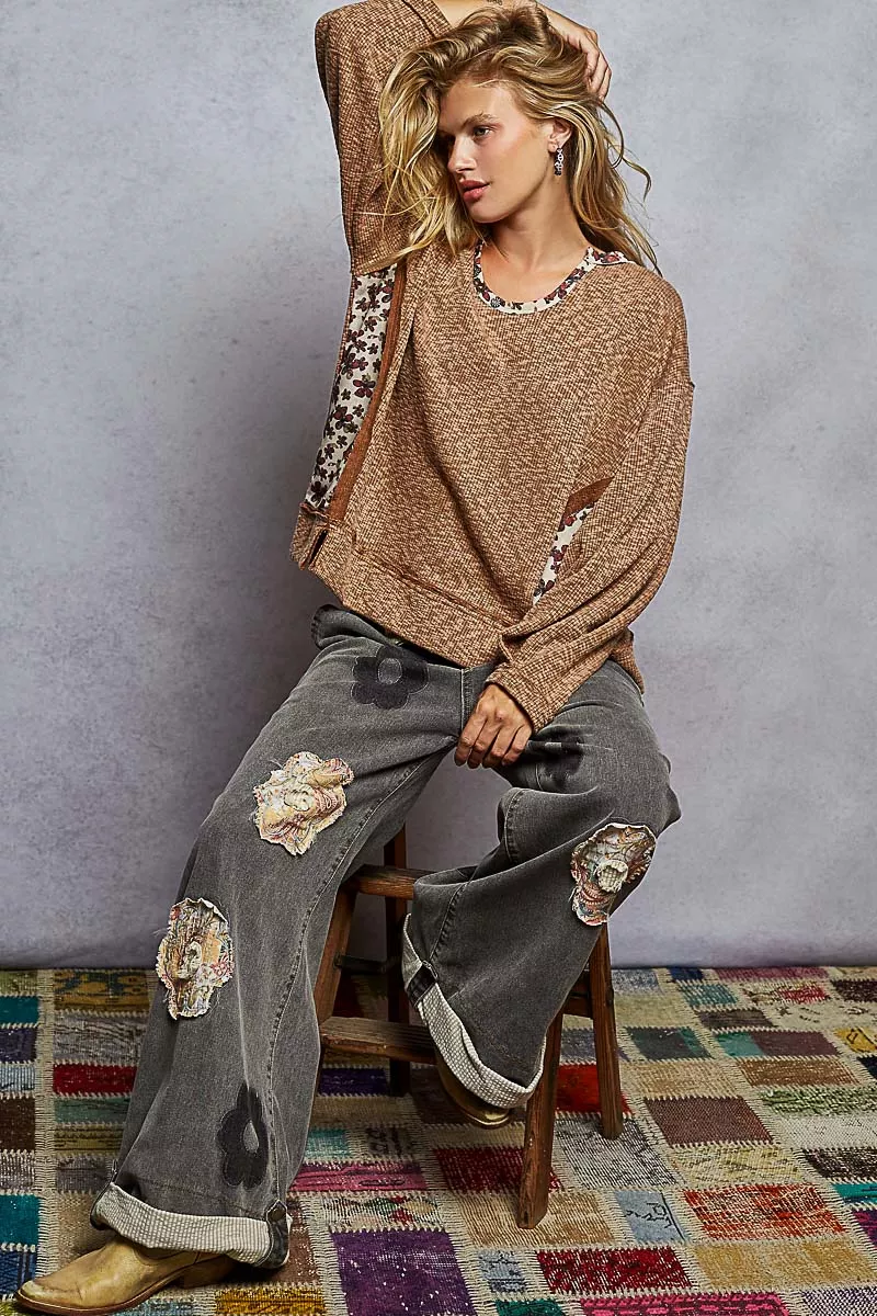 POL Balloon Sleeve Oversized Ribbed Top with Floral Pattern Contrast - Image 5
