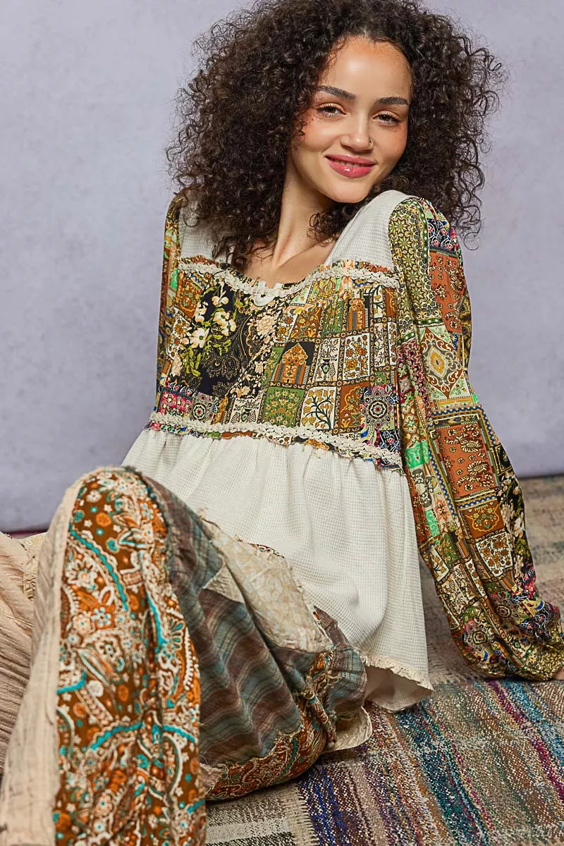 POL Balloon Sleeve Peplum Blouse with Trim Detail - Image 2
