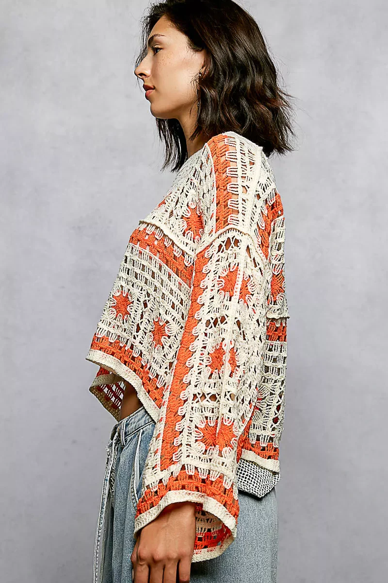 POL Boat Neck Long Sleeve Crochet Top with Granny Square Weaving - Image 7