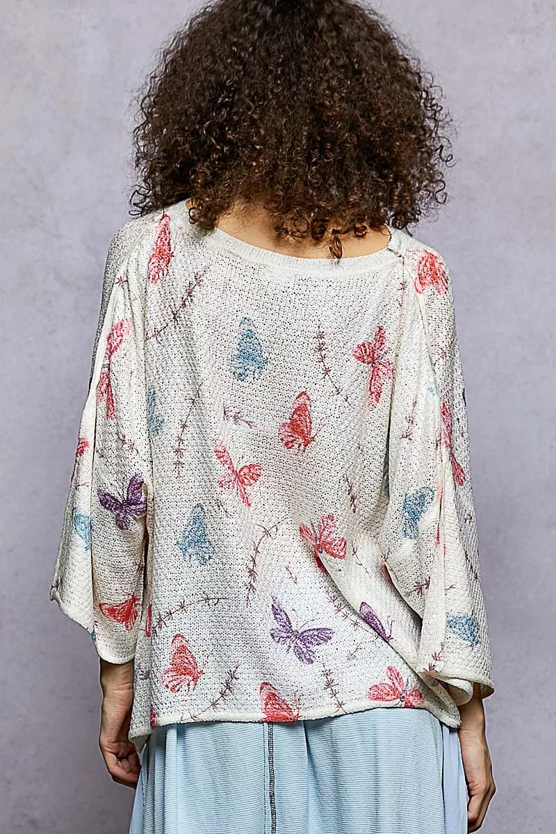 POL Butterflies Pattern Round Neck knit Top with Outseam Rolling Edge - Image 4