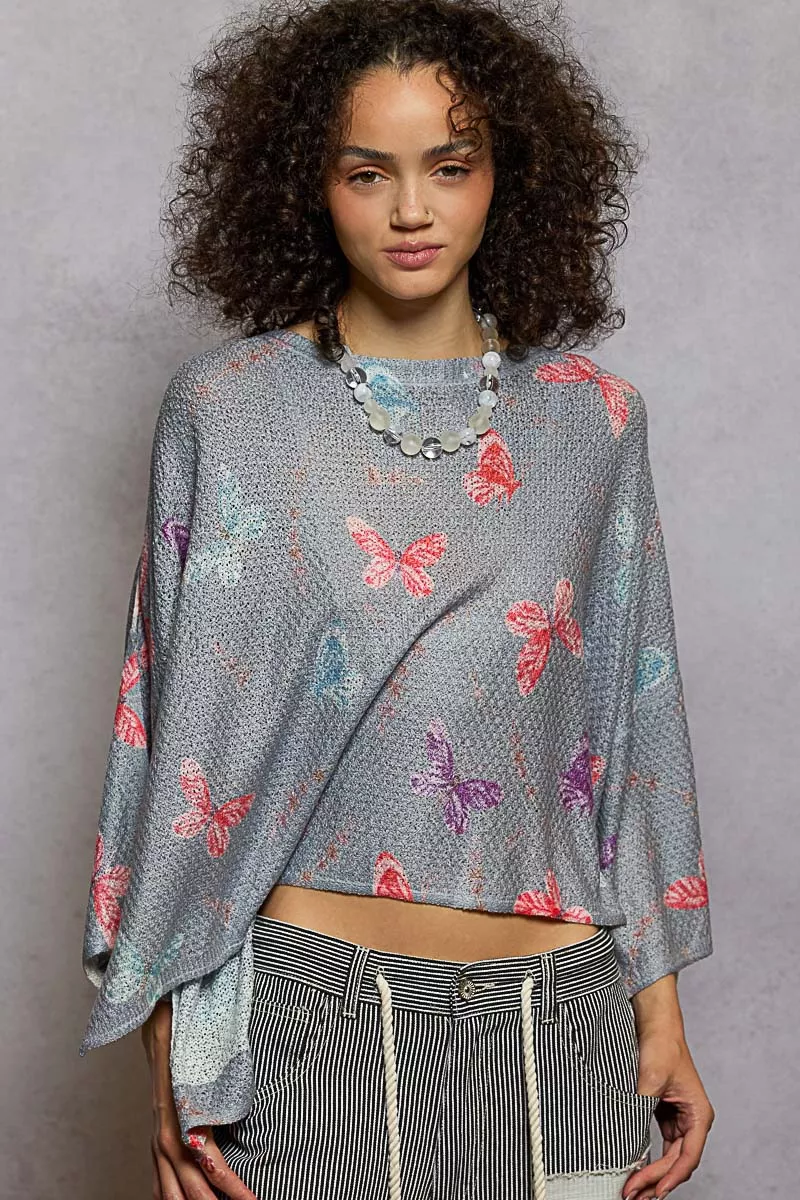 POL Butterflies Pattern Round Neck knit Top with Outseam Rolling Edge - Image 2