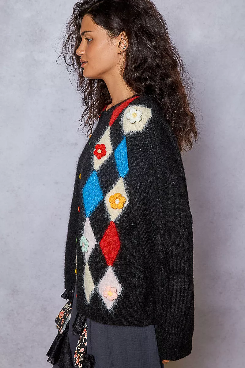 POL Button Down Diamond Pattern Round Neck Cardigan - Image 3