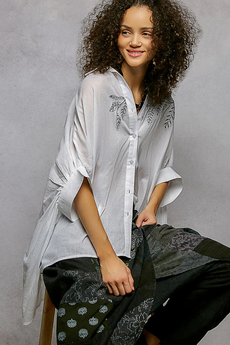 POL Button Down Embroidered Floral High-Low Hem Shirt - Image 3