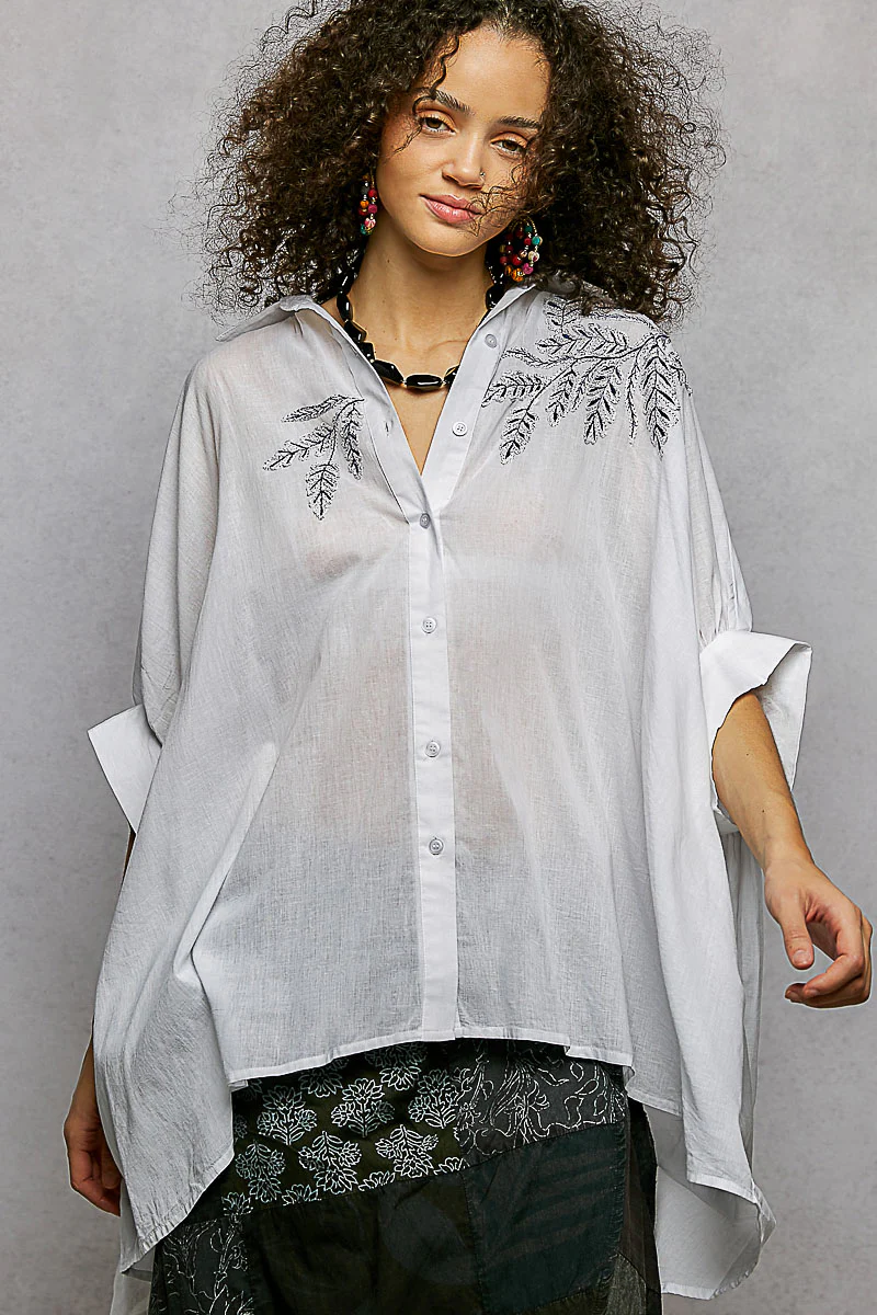 POL Button Down Embroidered Floral High-Low Hem Shirt - Image 4