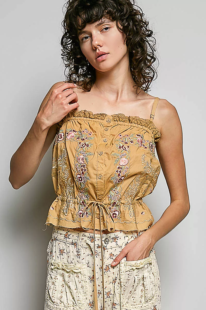 POL Button Down Floral Embroidered Cropped Cami with Lace Detail - Image 2