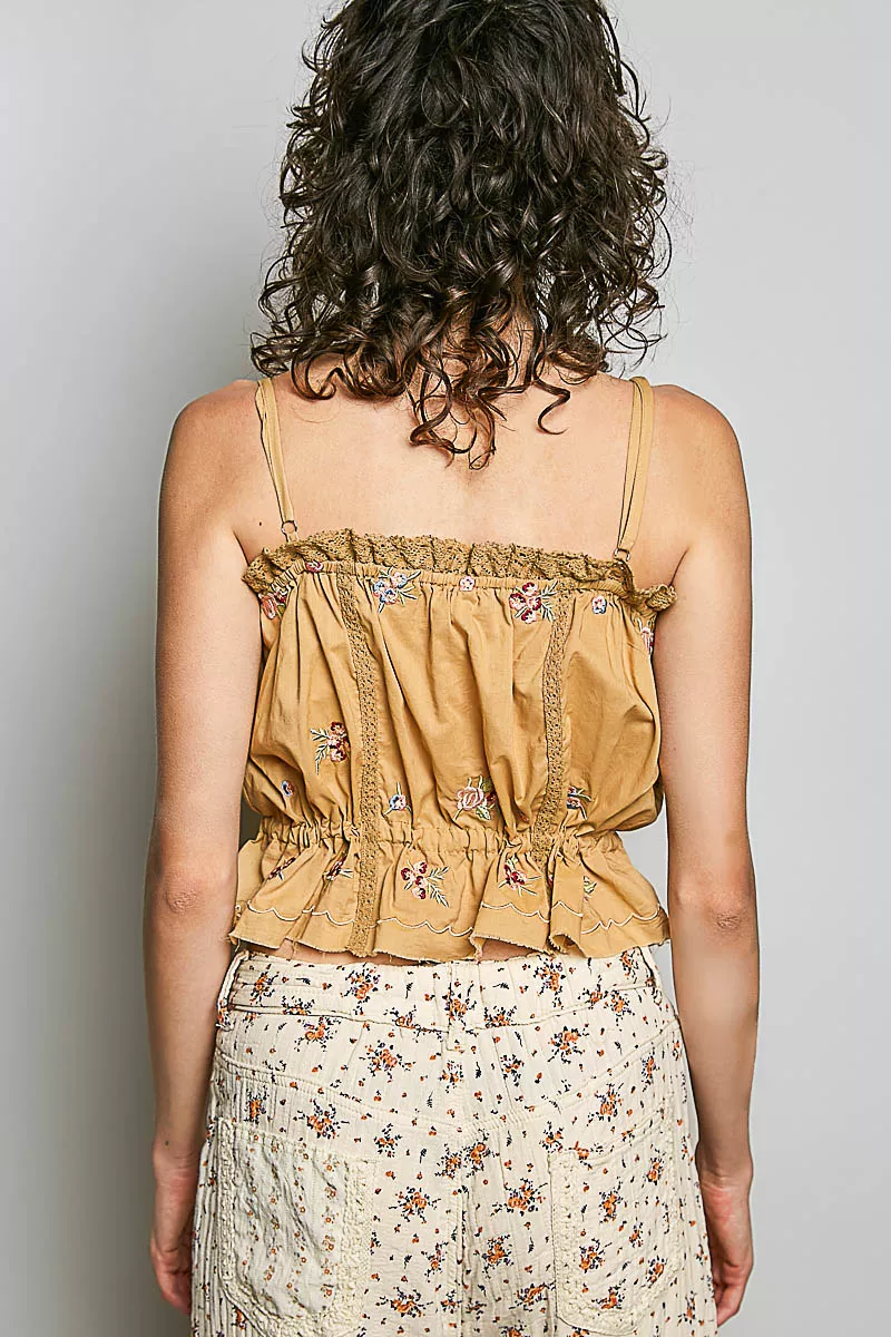 POL Button Down Floral Embroidered Cropped Cami with Lace Detail - Image 4