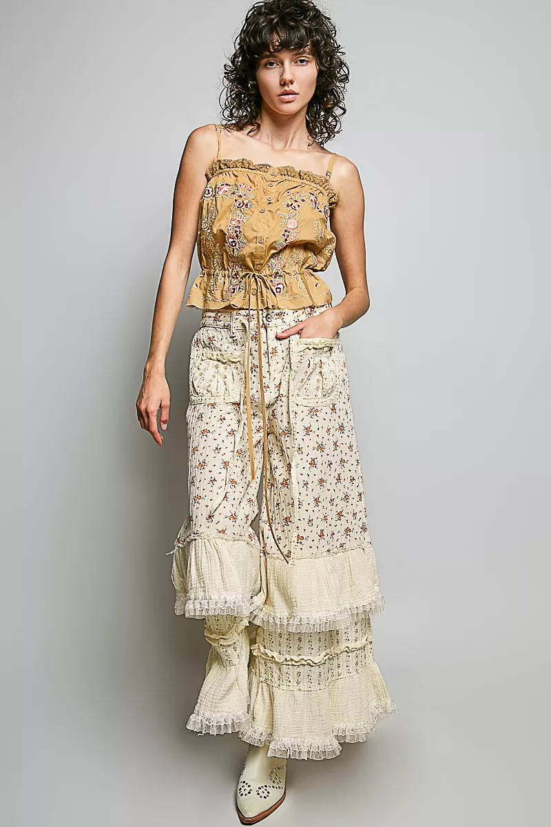 POL Button Down Floral Embroidered Cropped Cami with Lace Detail - Image 5