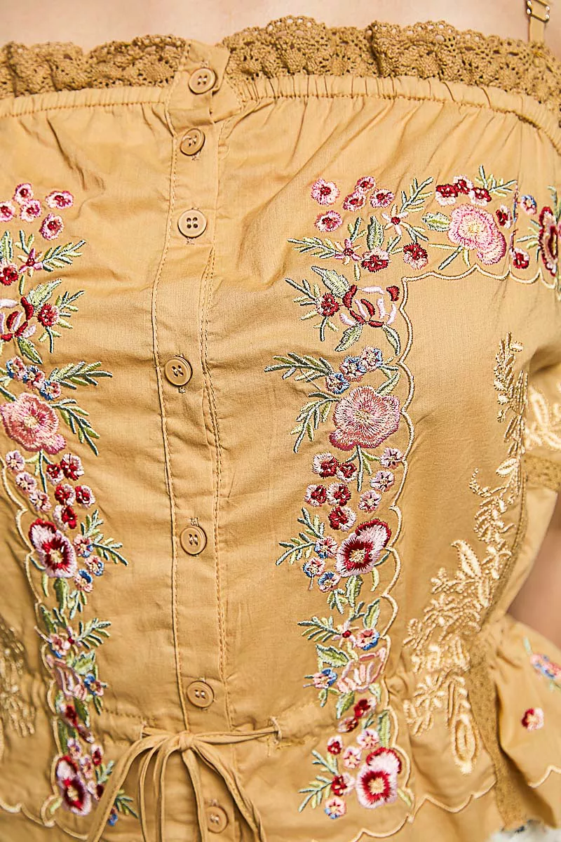 POL Button Down Floral Embroidered Cropped Cami with Lace Detail - Image 6