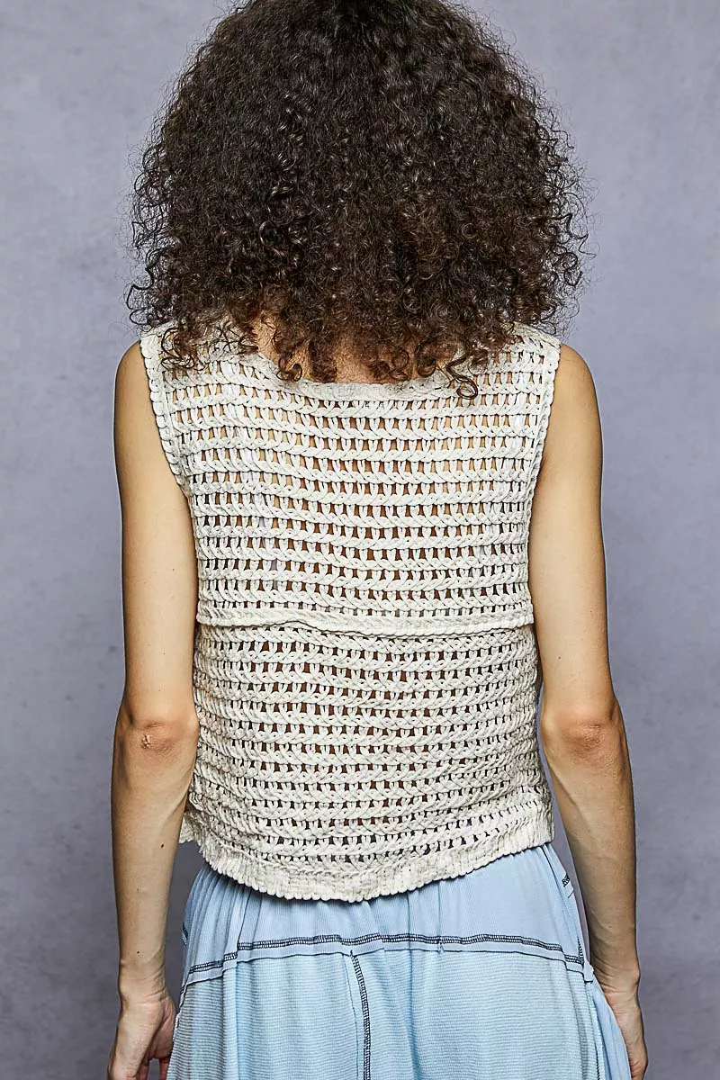 POL Button Down Floral Embroidery Cropped Crochet Vest Top - Image 4
