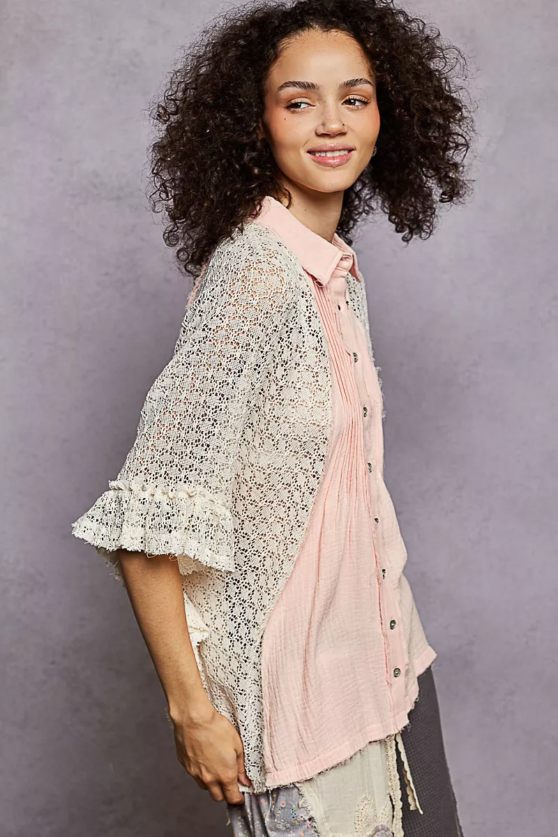 POL Button Down Front Pleated Shirt with Crochet Patch - Image 3