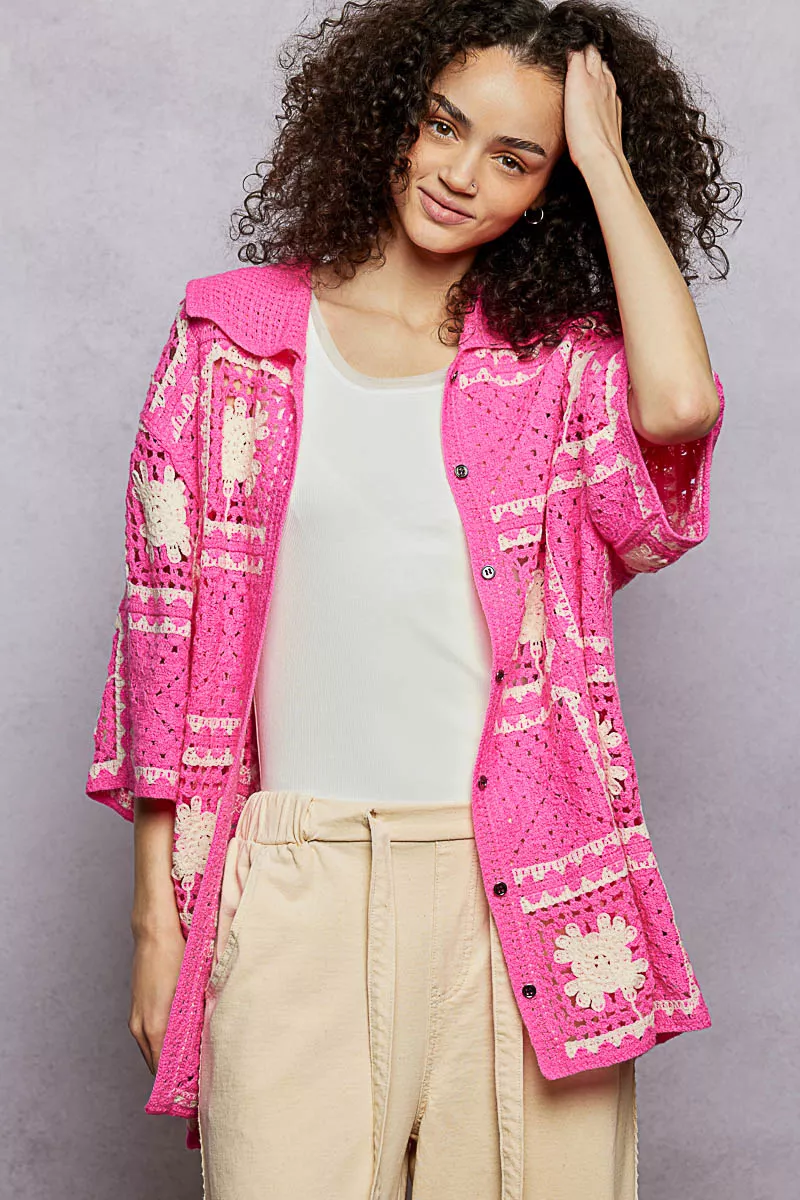 POL Button Down Openwork Floral Crochet Shirt with Granny Square Pattern - Image 2