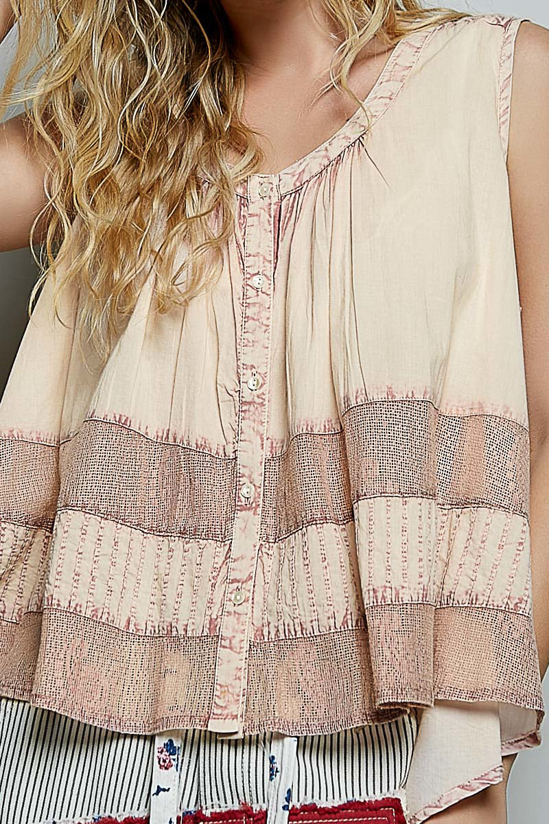 POL Button Down Round Neck Tank with Crochet Contrast - Image 6