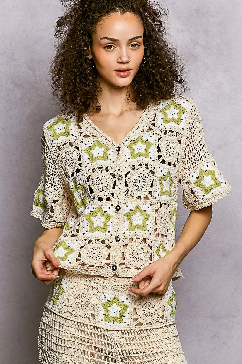 POL Button Front V-Neck Crochet Cardigan with Contast Star - Image 2