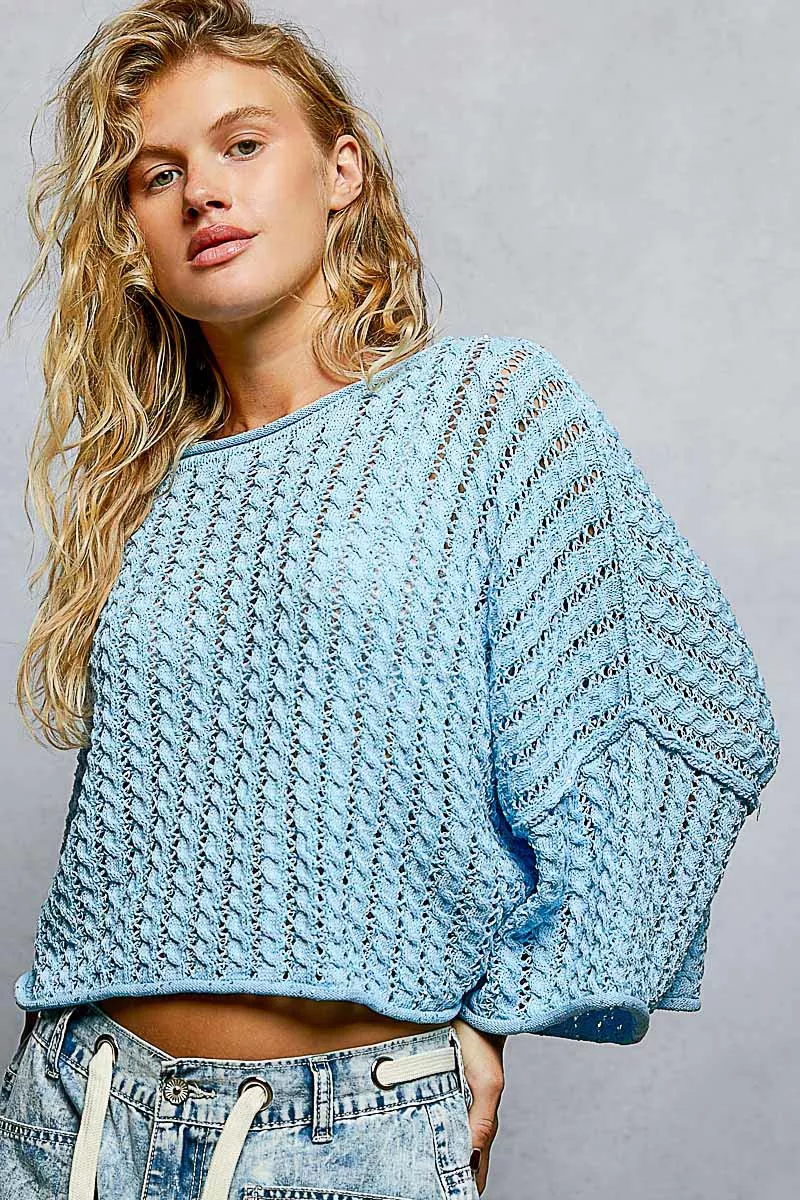 POL Cable-Knit Openwork Round Neck Cropped Sweater - Image 2