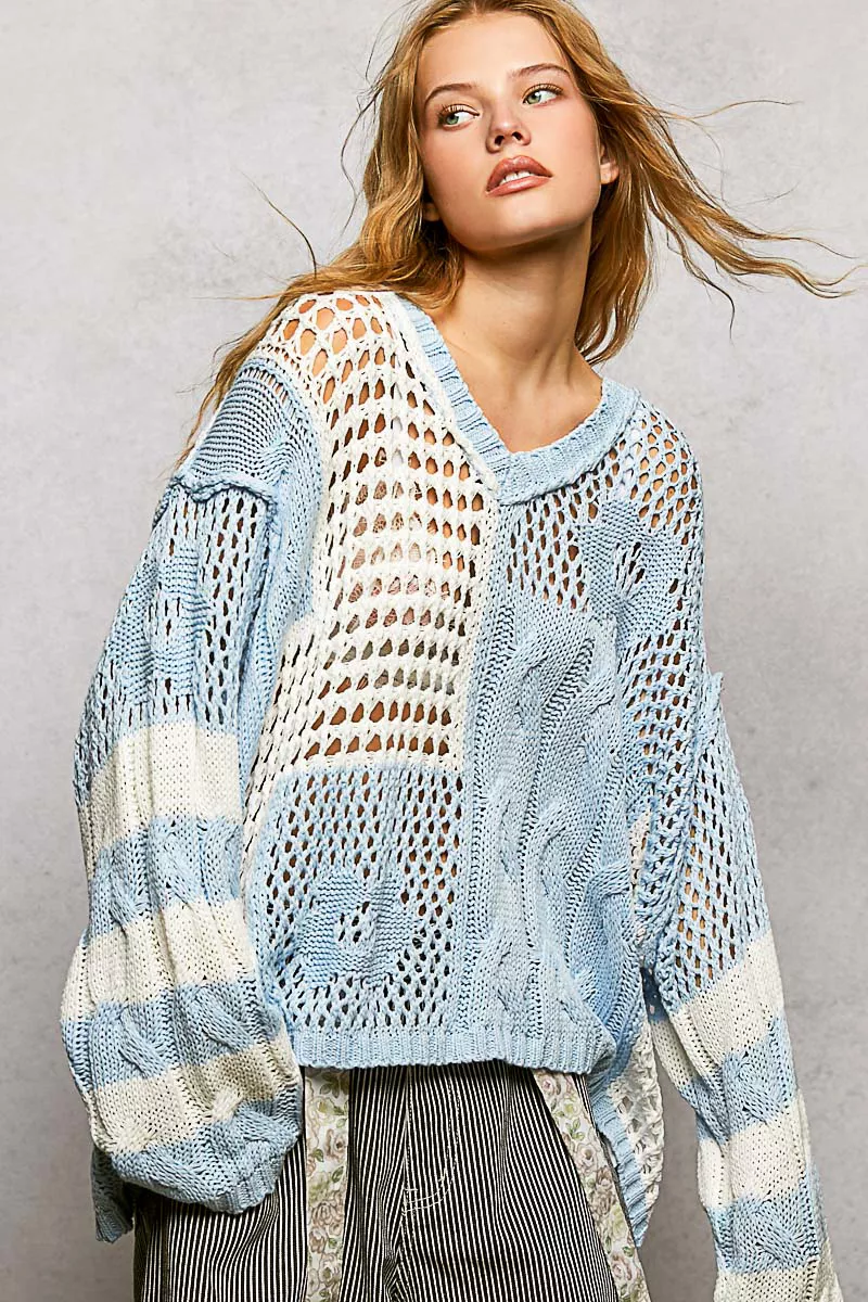 POL Color-Blocked Stripe Pattern Knit Top with Twisted Weave - Image 2