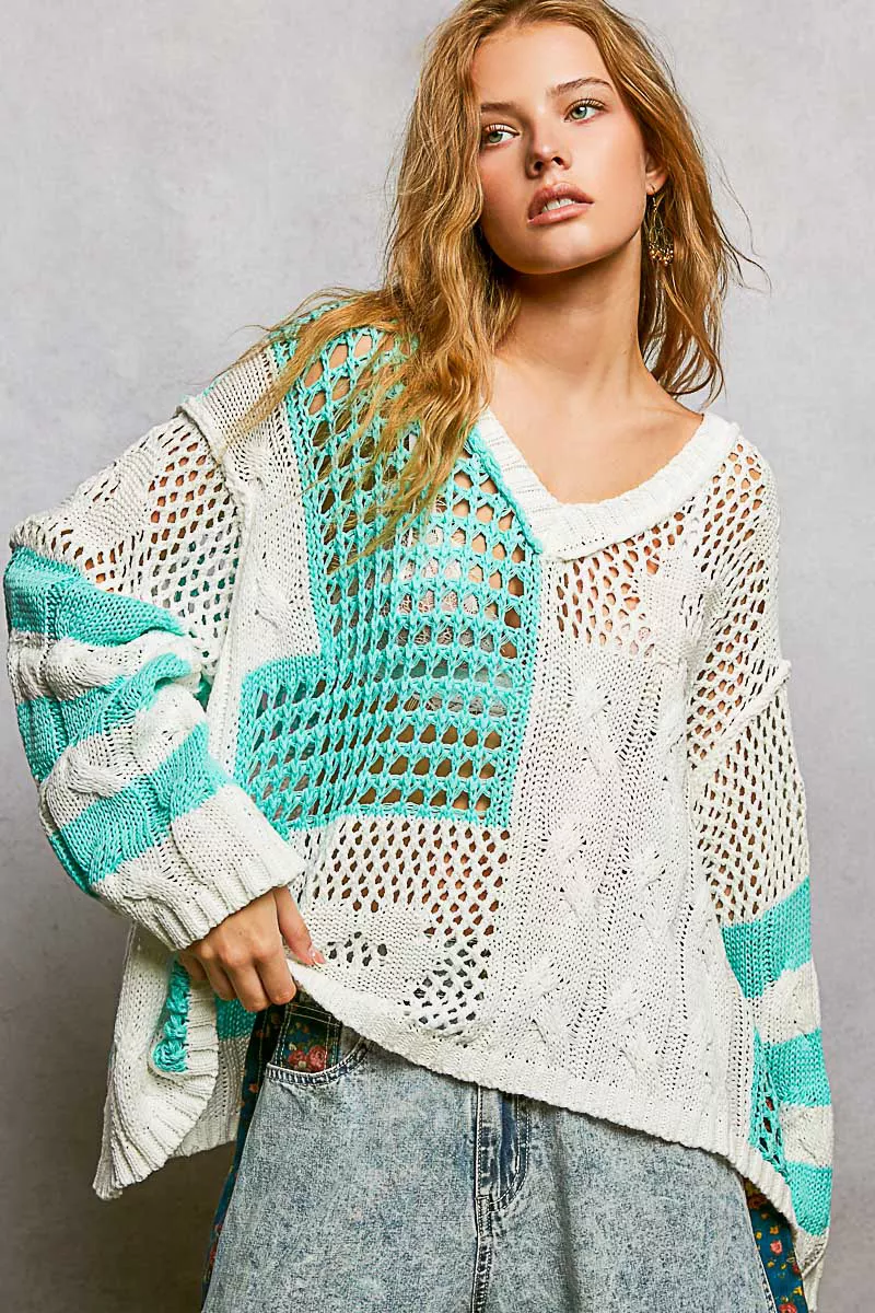 POL Color-Blocked Stripe Pattern Knit Top with Twisted Weave - Image 4