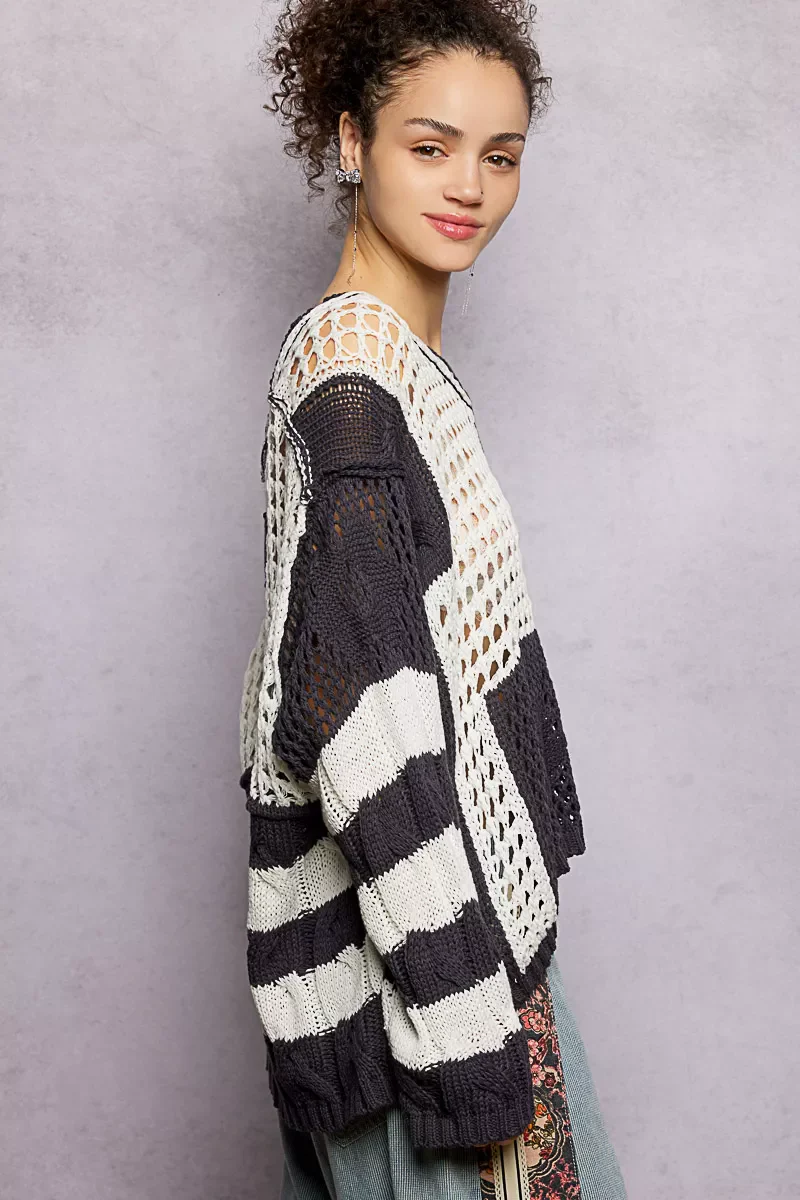 POL Color-Blocked Stripe Pattern Knit Top with Twisted Weave - Image 3