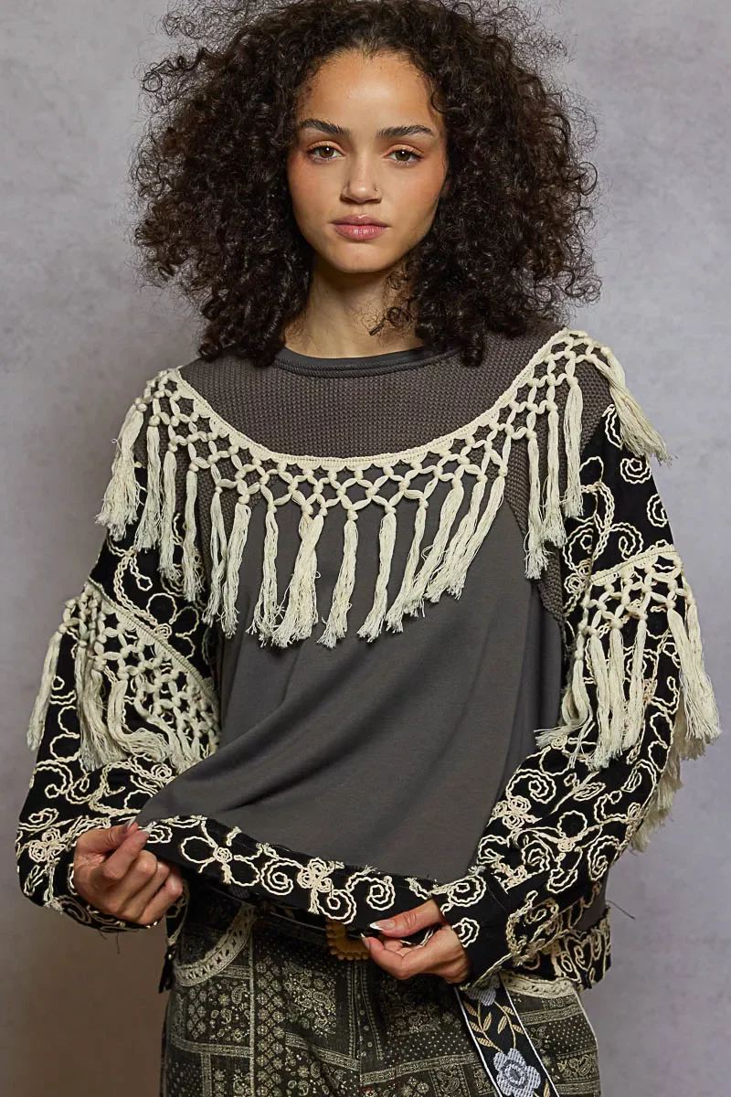 POL Contrast Floral Embroidery Balloon Sleeve Top with Tassel Trim - Image 2