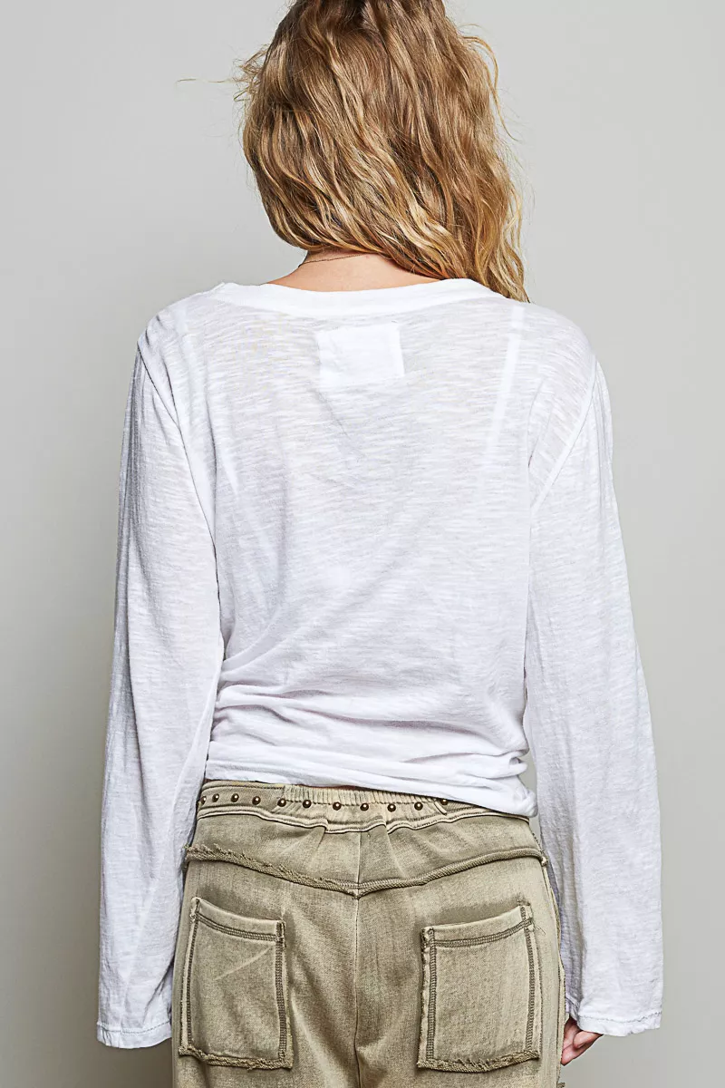 POL Contrast Hand-Stitch V-Neck Lightweight Knit Long Sleeve Top - Image 10
