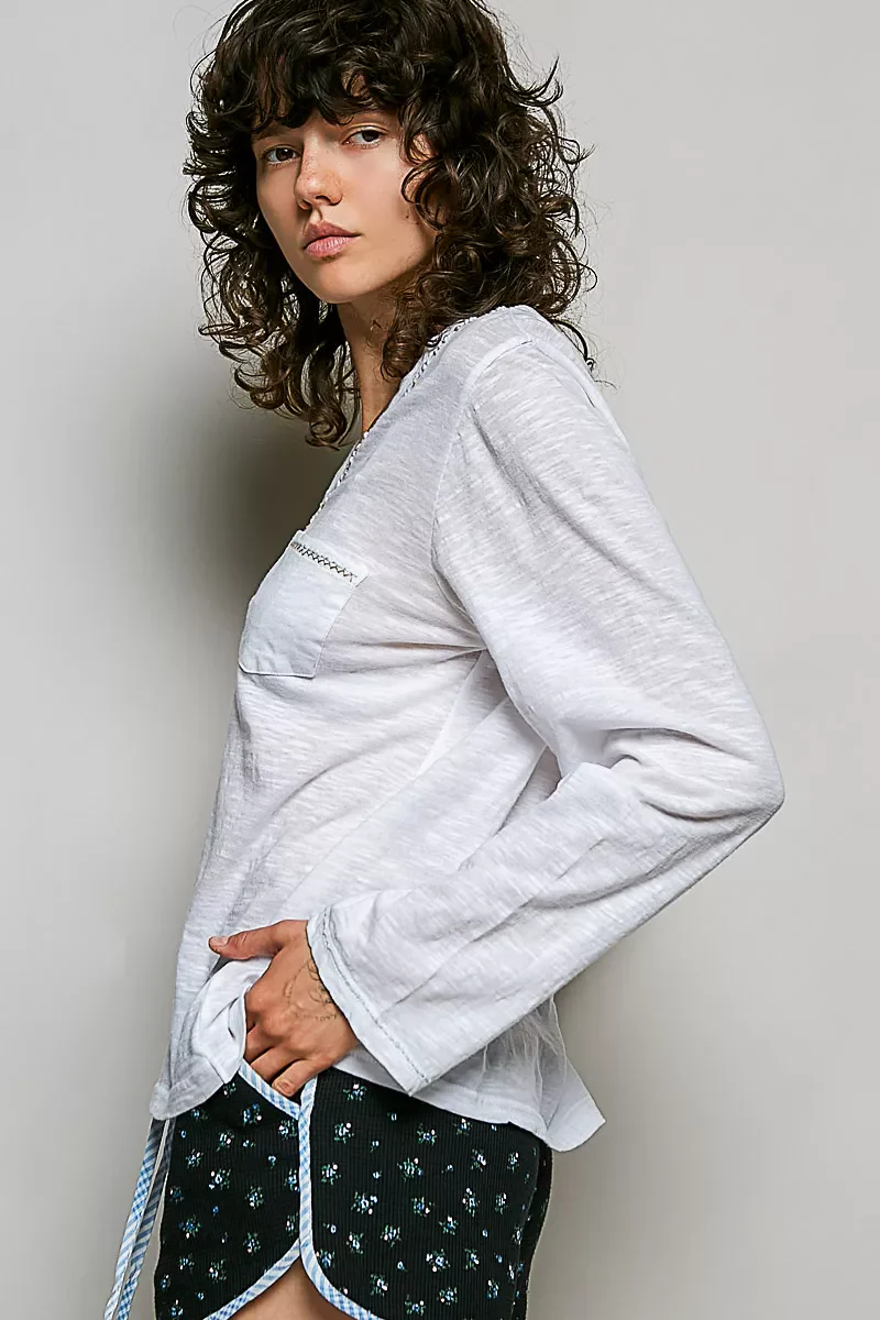 POL Contrast Hand-Stitch V-Neck Lightweight Knit Long Sleeve Top - Image 2