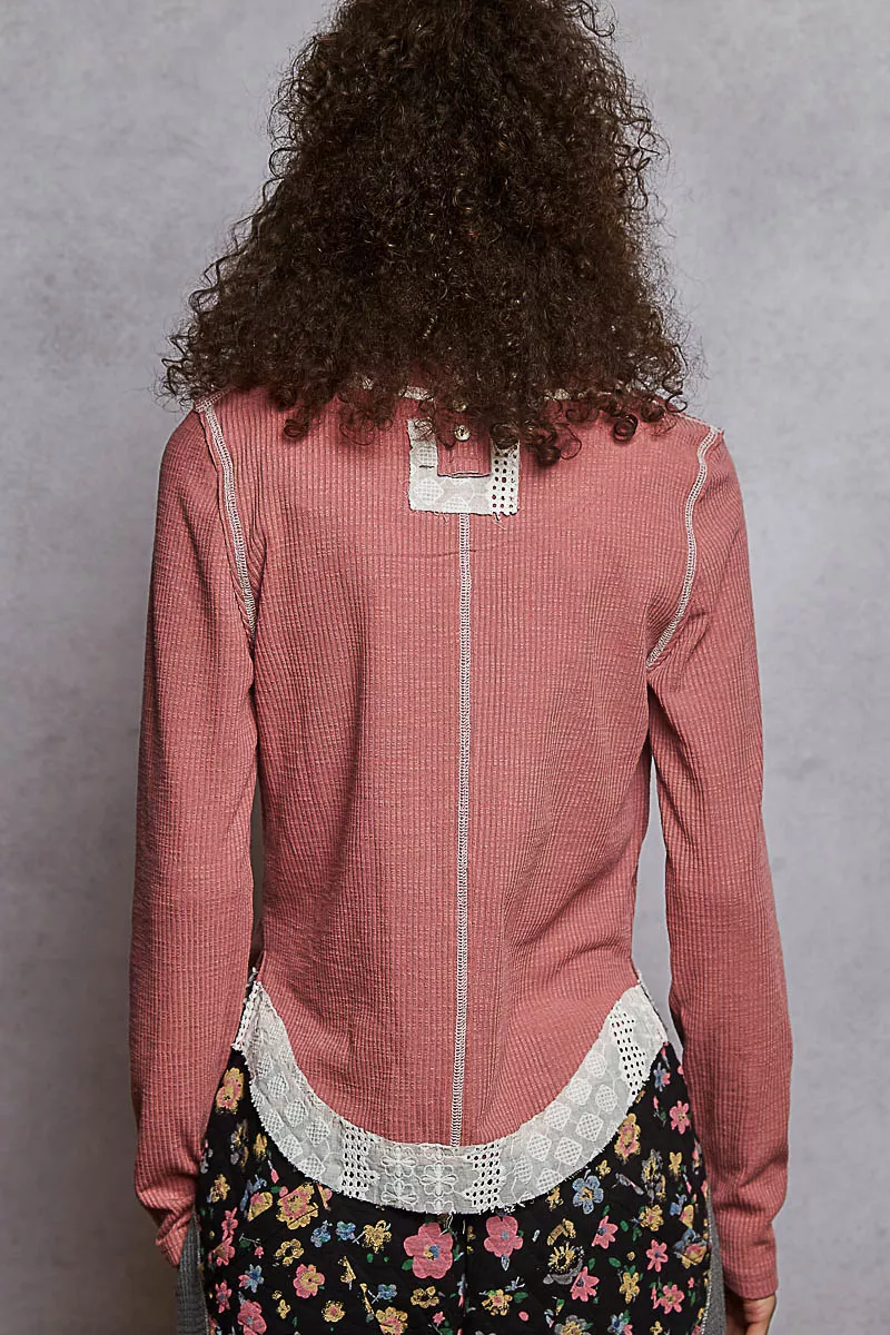 POL Contrast Round Neck Long Sleeve Ribbed Top with Eyelet Patch - Image 4