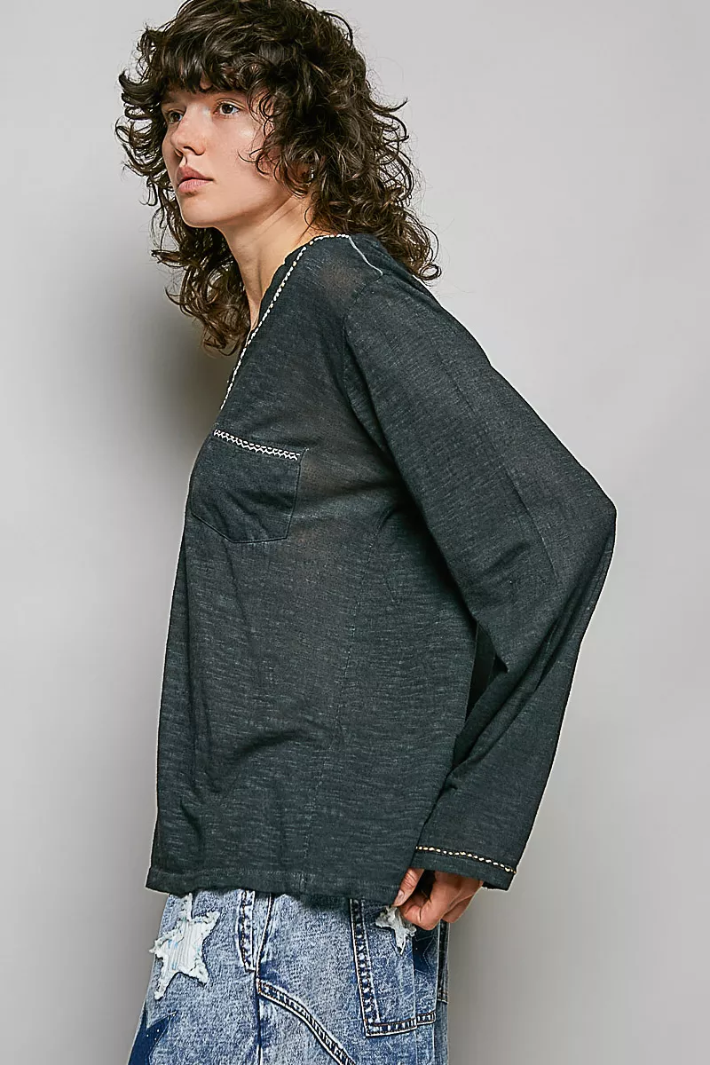 POL Contrast Stitch V-Neck Lightweight Knit Long Sleeve Top - Image 2