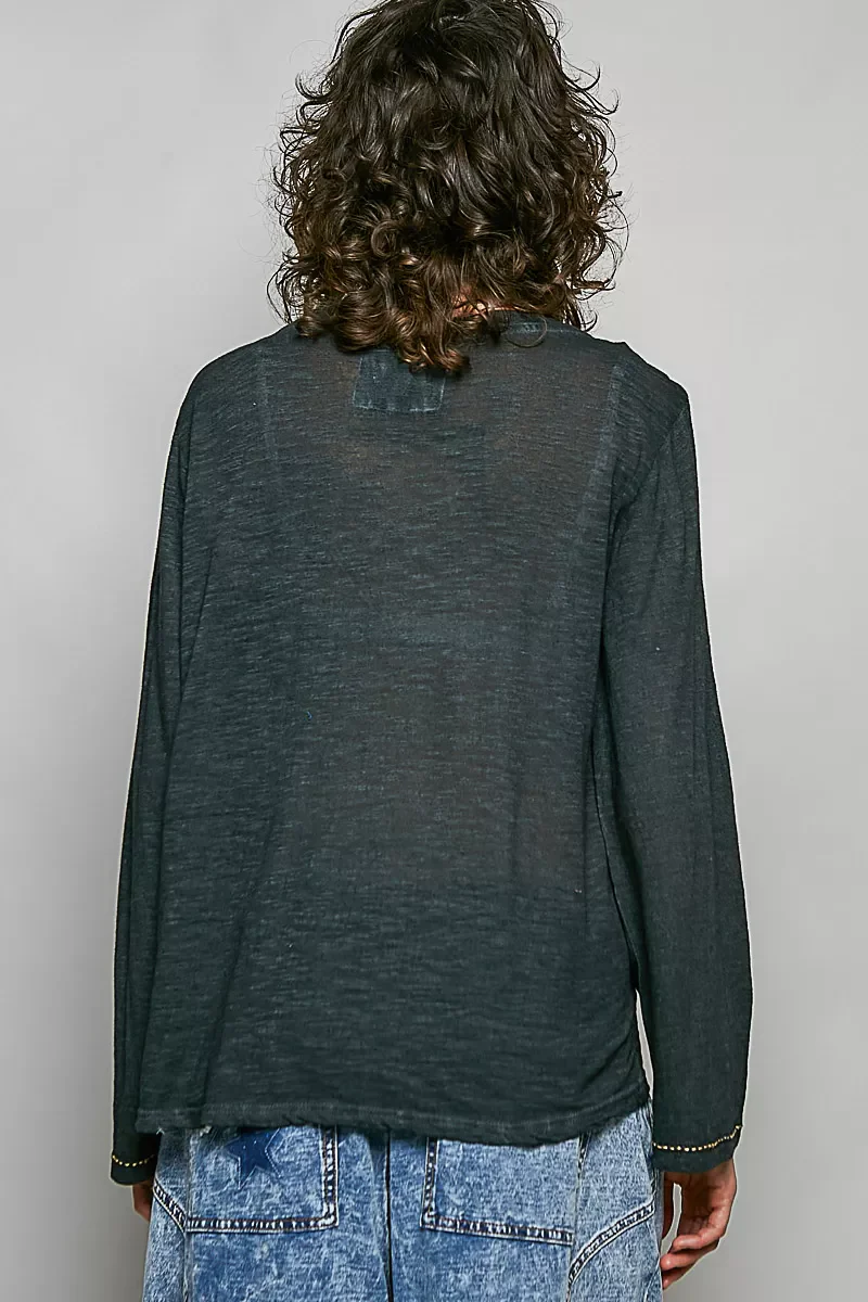 POL Contrast Stitch V-Neck Lightweight Knit Long Sleeve Top - Image 3