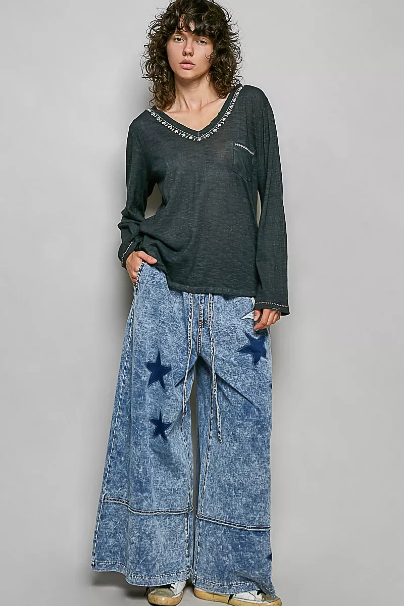 POL Contrast Stitch V-Neck Lightweight Knit Long Sleeve Top - Image 5
