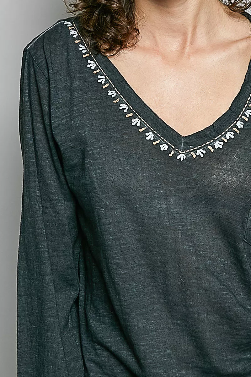 POL Contrast Stitch V-Neck Lightweight Knit Long Sleeve Top - Image 6