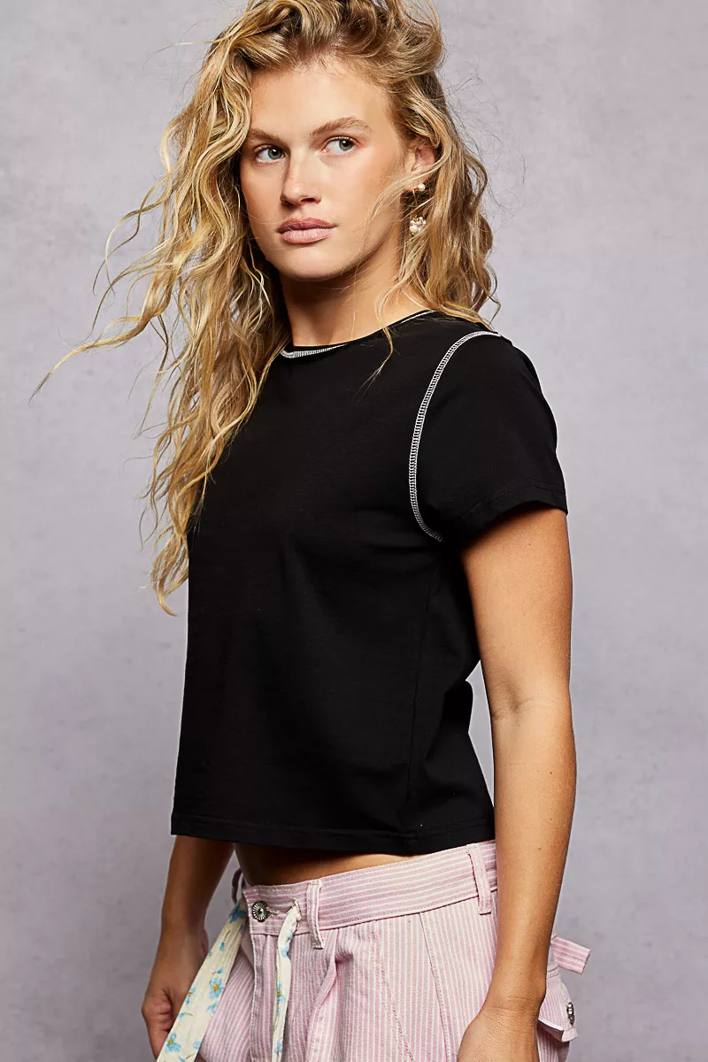 POL Contrast Stitching Round Neck Short Sleeve T-Shirt - Image 3