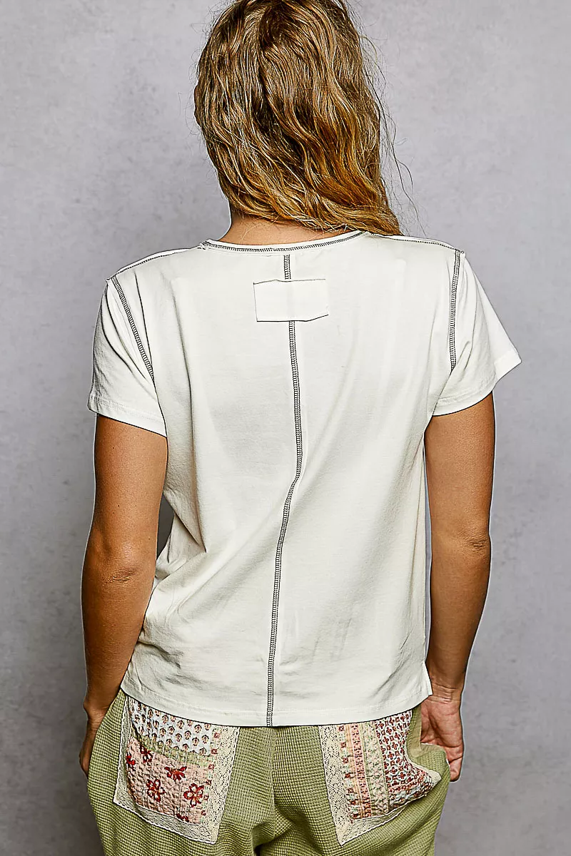 POL Contrast Stitching Round Neck Short Sleeve T-Shirt - Image 4