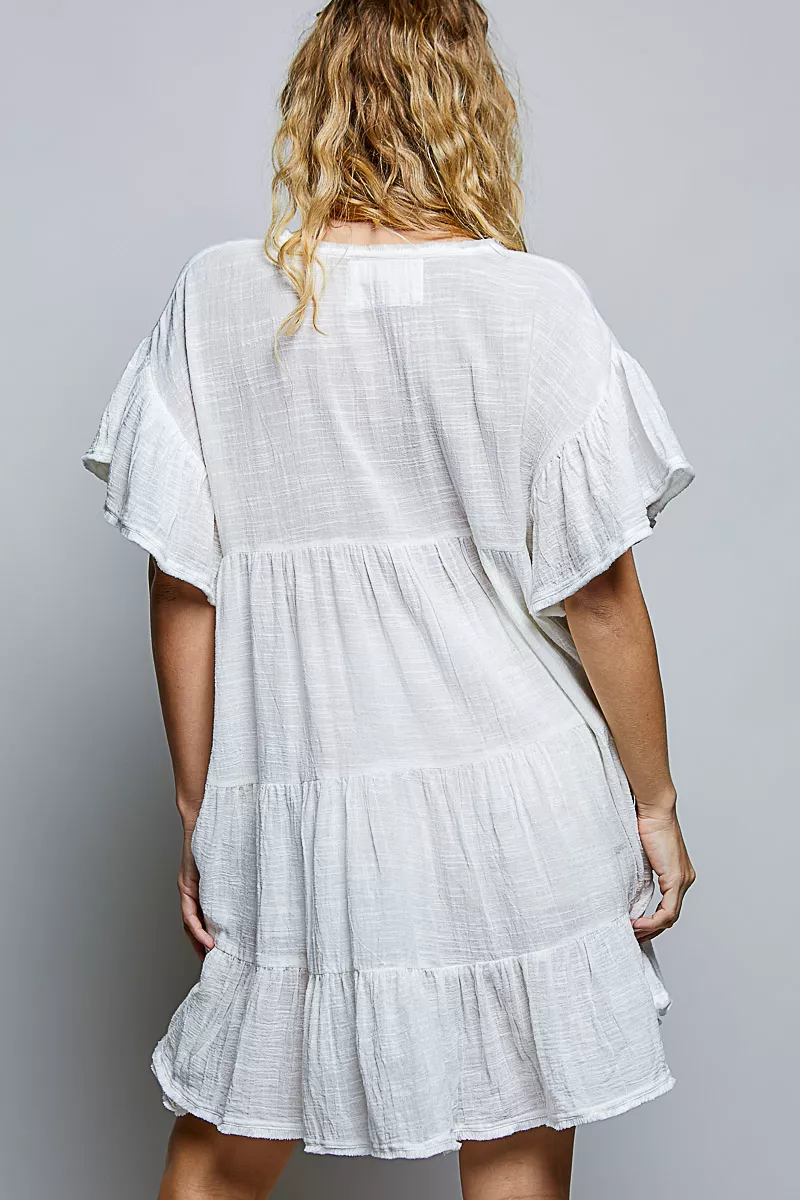 POL Cotton Ruffle Shirred V-Neck Short Sleeve Dress - Image 3