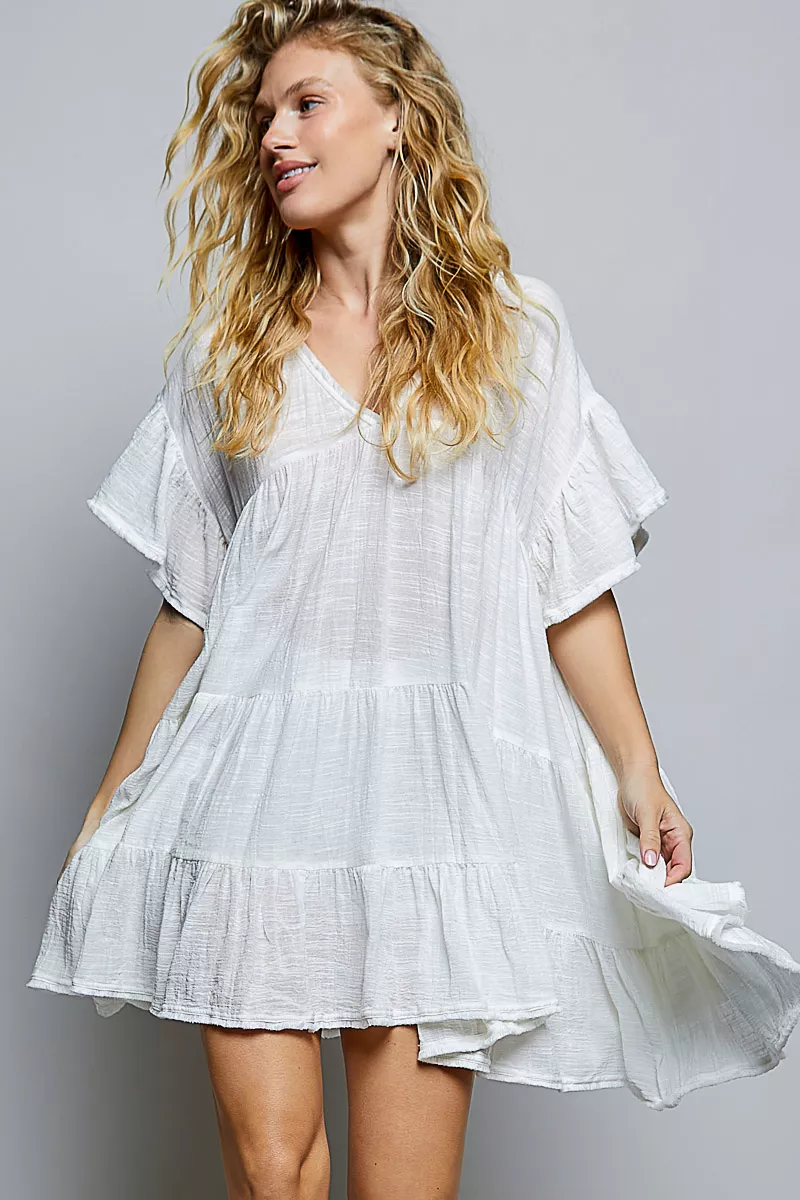 POL Cotton Ruffle Shirred V-Neck Short Sleeve Dress - Image 4