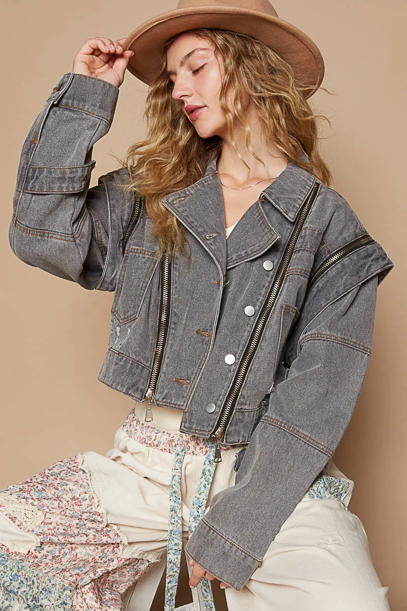 POL Cropped Denim Jacket with Functional Zipper Detail - Image 3