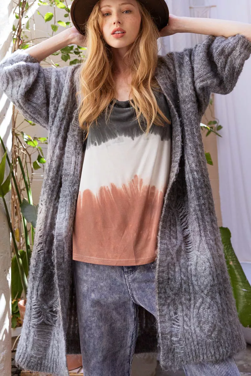 POL Distressed Cable-Knit Ombre Dying Cardigan - Image 7