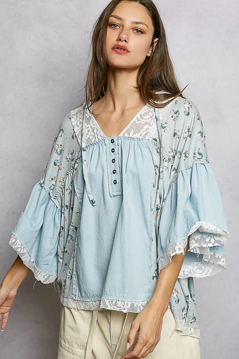 POL Double Gauze Floral Patch Blouse with Lace Detail - Image 2