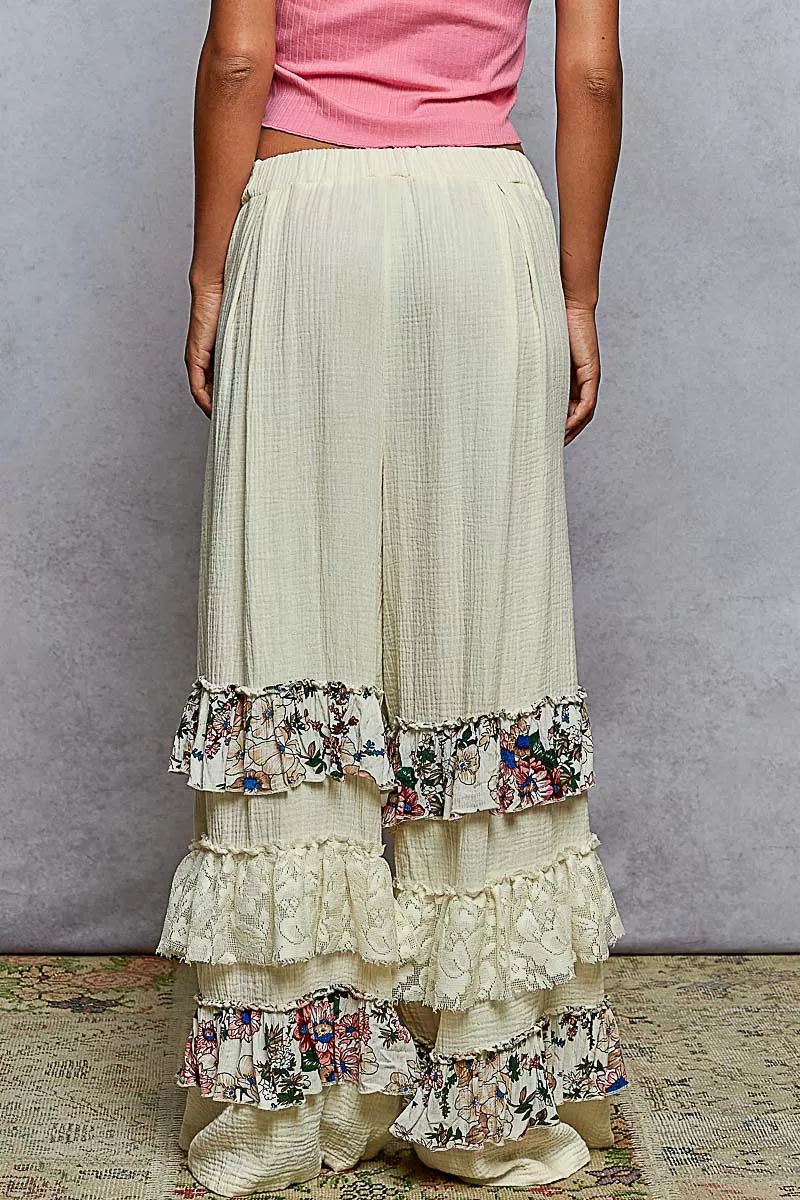 POL Drawstring Double Gauze Wide Leg Pants with Print and Lace Ruffle - Image 3