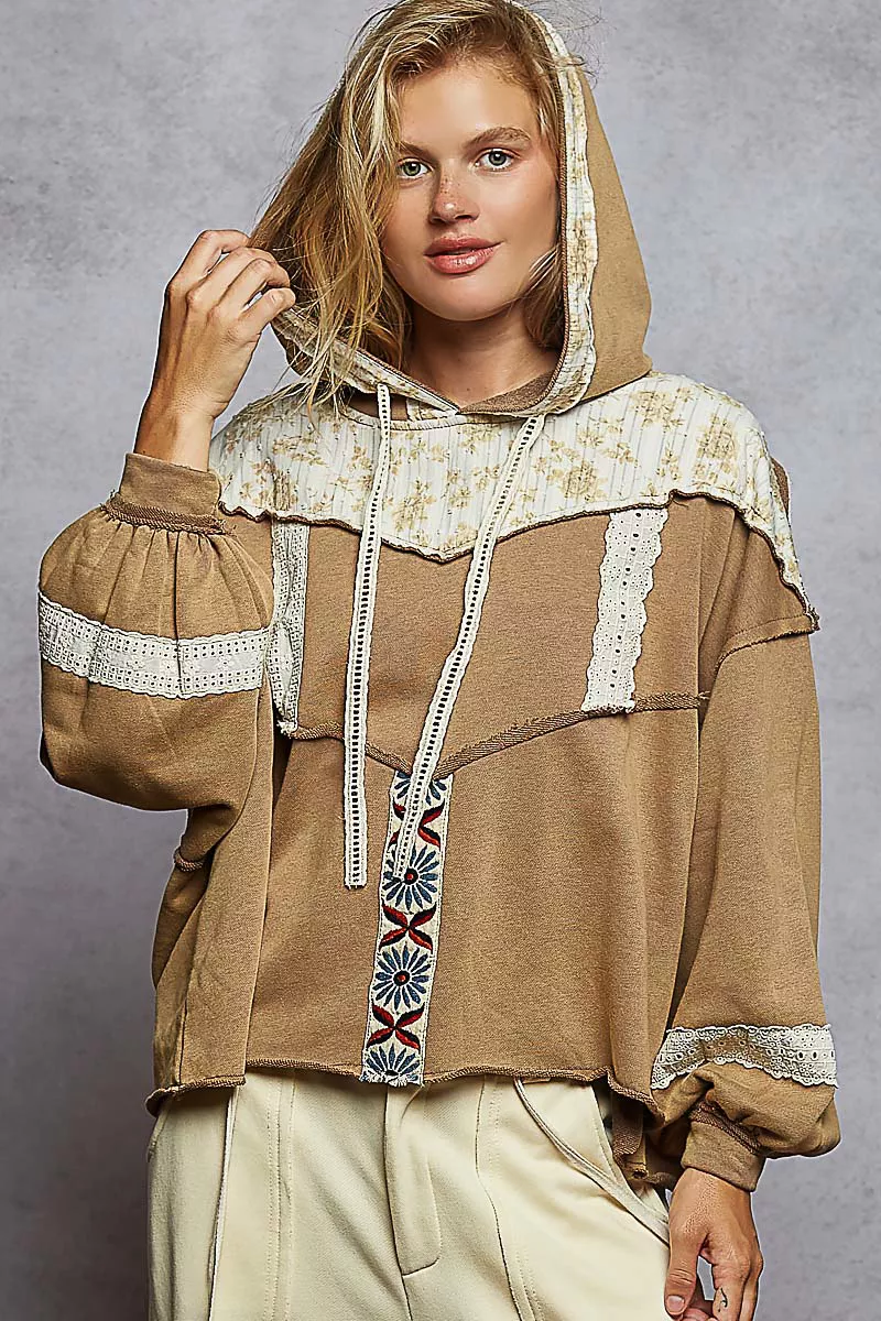 POL Drawstring French Terry Hoodie with Gauze Print Patch - Image 2