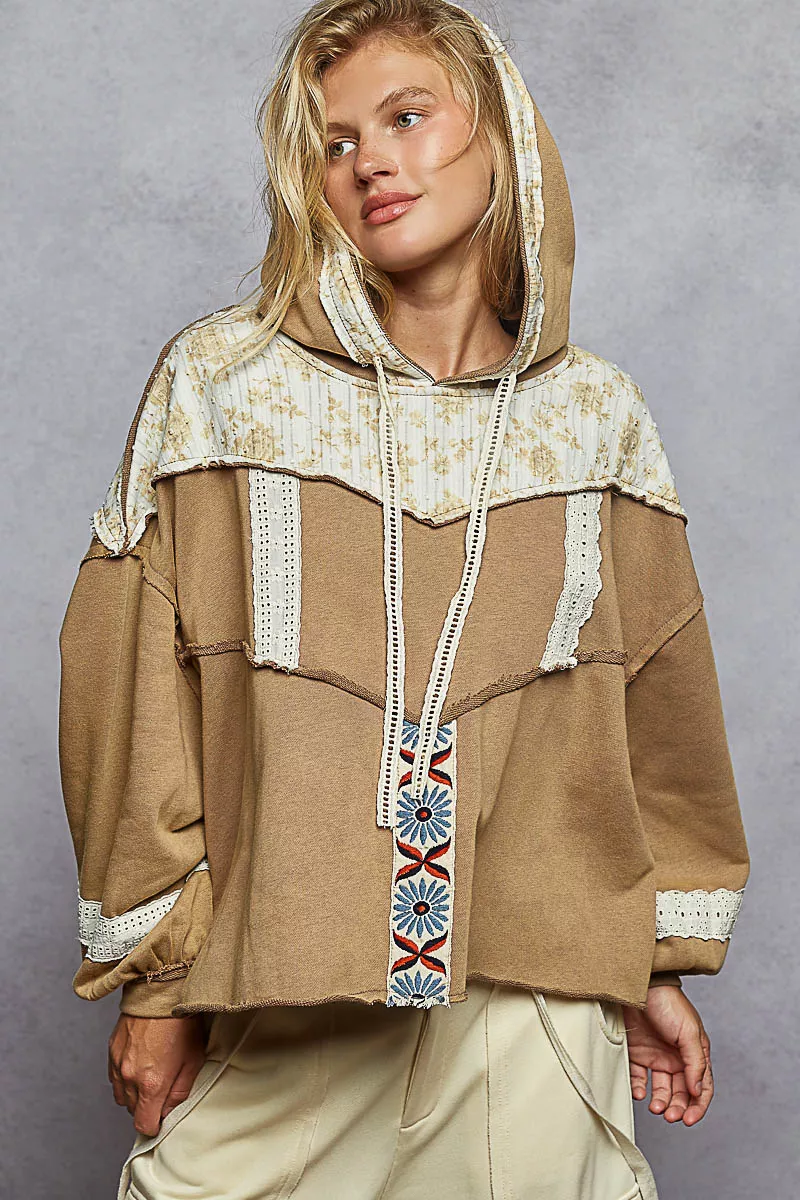 POL Drawstring French Terry Hoodie with Gauze Print Patch - Image 3