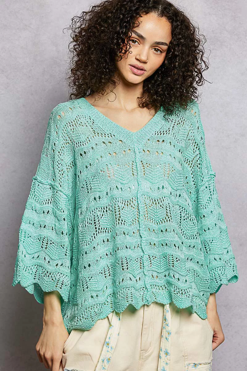 POL Drop Shoulder V-Neck Knit Top with Scalloped Hem - Image 2