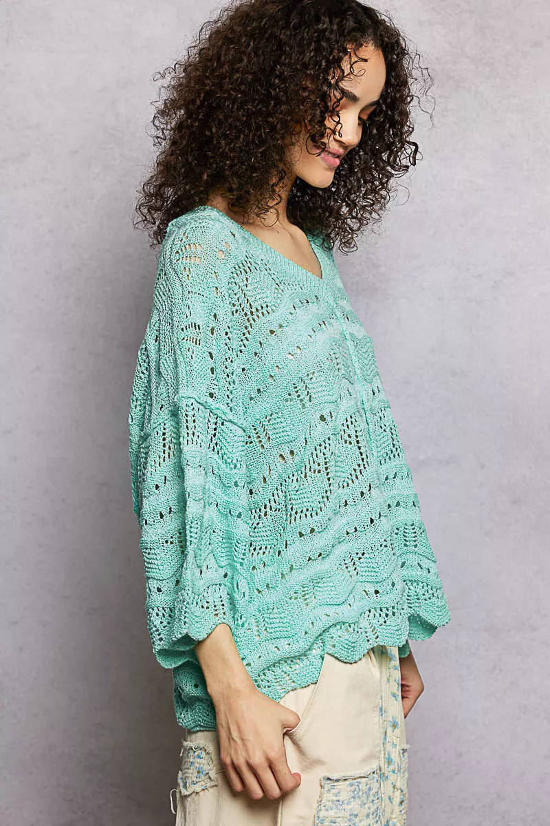 POL Drop Shoulder V-Neck Knit Top with Scalloped Hem - Image 3