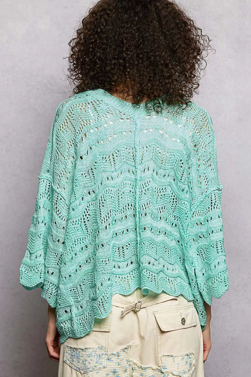 POL Drop Shoulder V-Neck Knit Top with Scalloped Hem - Image 4