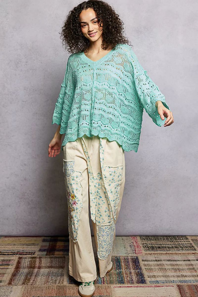 POL Drop Shoulder V-Neck Knit Top with Scalloped Hem - Image 5