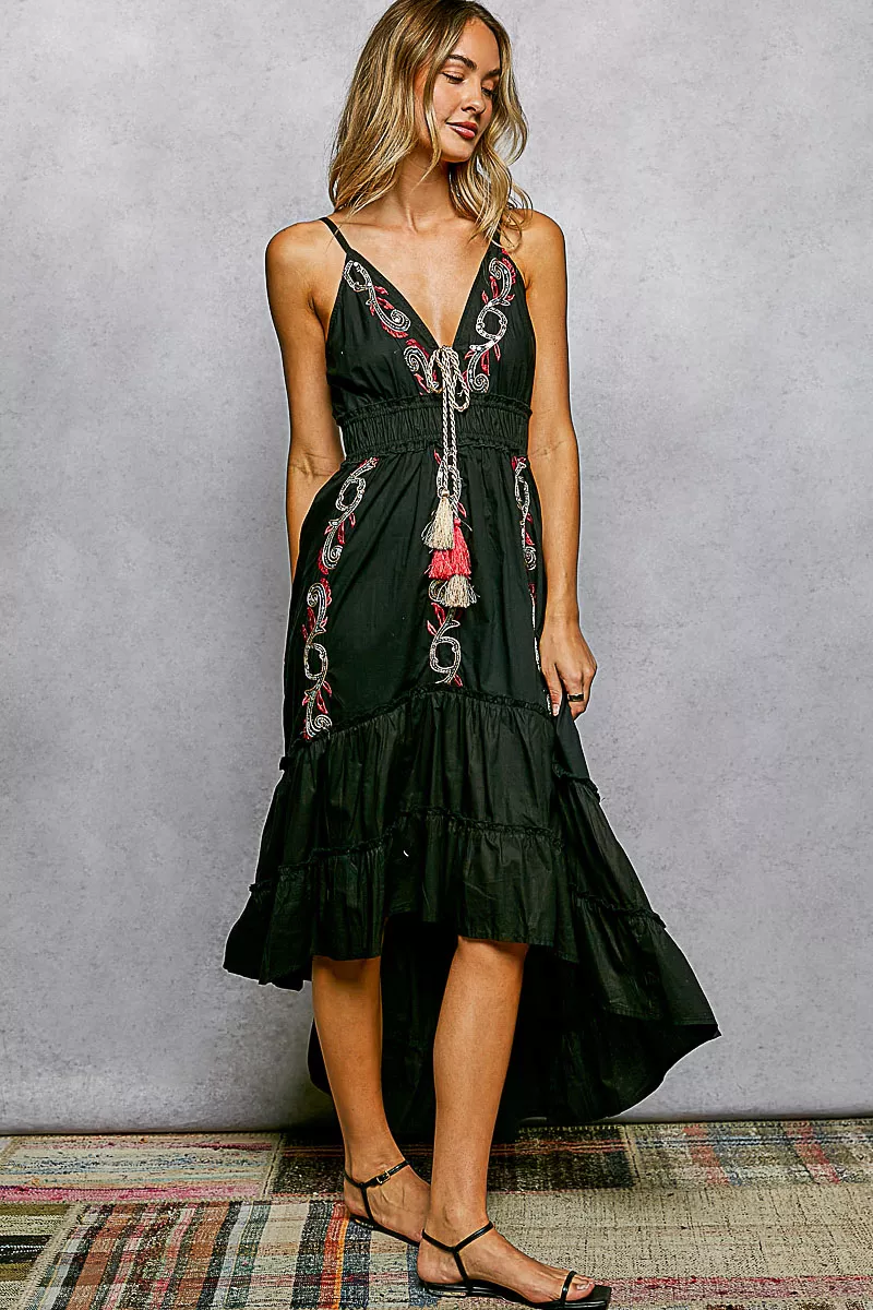 POL Embroidered Detail Tassel Tie Smocked Waist Midi Tiered Cami Dress - Image 2