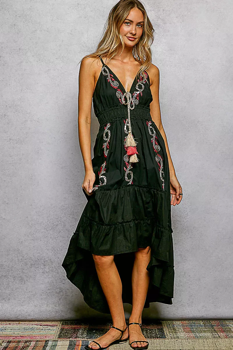 POL Embroidered Detail Tassel Tie Smocked Waist Midi Tiered Cami Dress - Image 3