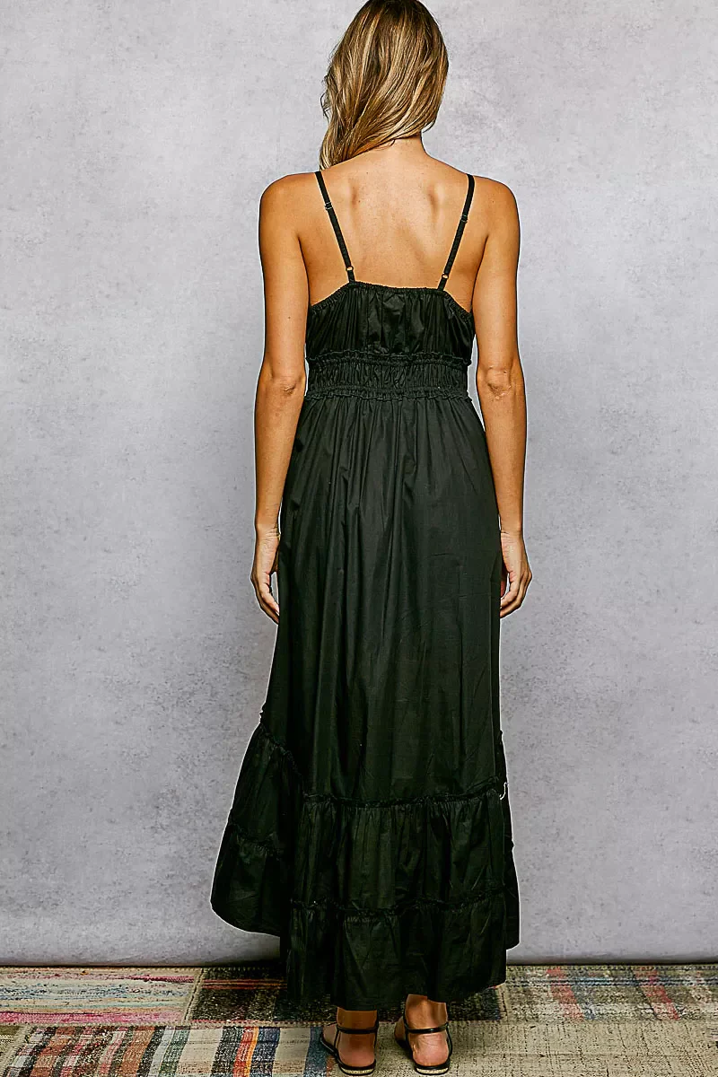 POL Embroidered Detail Tassel Tie Smocked Waist Midi Tiered Cami Dress - Image 5